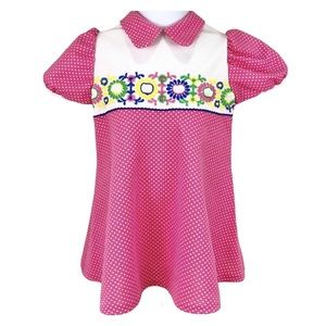 Vintage Polyester Polka Dot Mod Dress with embroidered flowers, est 3t